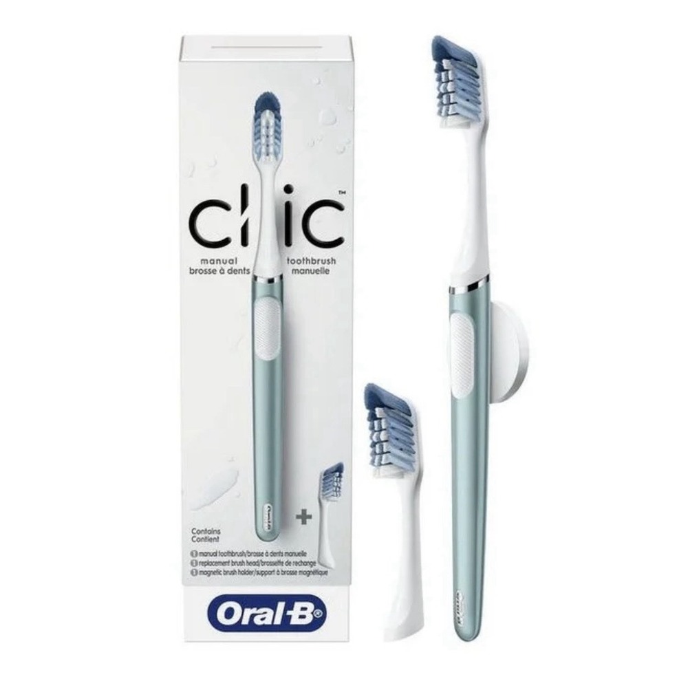 Oral-B Clic Manual Toothbrush Aqua Blue Metal Handle Magnetic Holder NIB